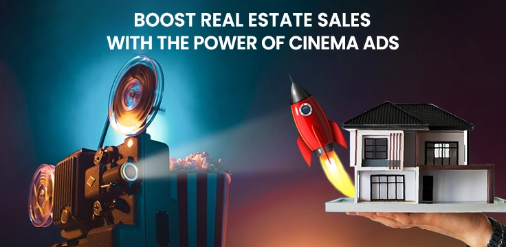 A film projector, popcorn, and a house with a rocket, symbolizing cinema ads boosting real estate.