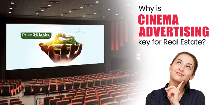 A cinema screen displays a real estate ad as a woman ponders the impact of cinema advertising