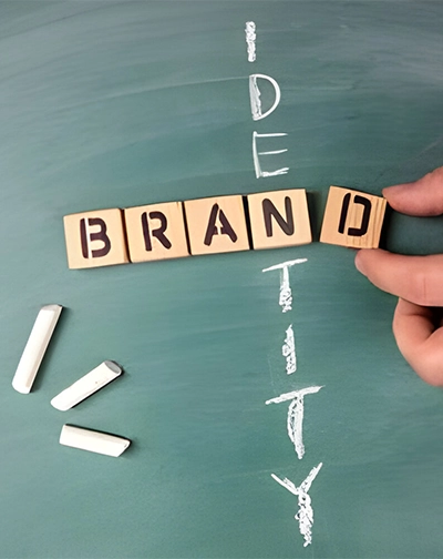 A blackboard displays brand identity it shows methods for creating a brand's powerful identity.