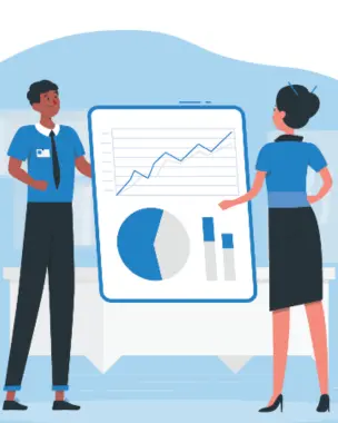 Two experts in promotional marketing converse about the growth utilizing a bar graph and pie chart.