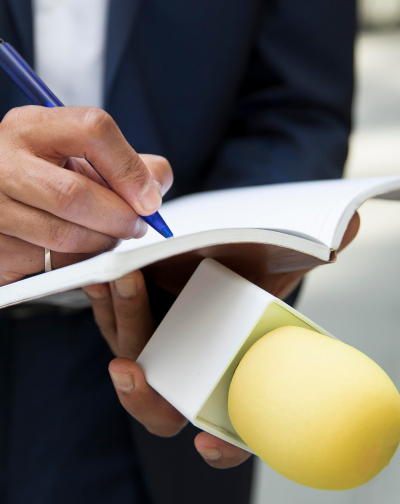 In a notebook, a man in a suit writes with a yellow ball pen, composing an exceptional for services.