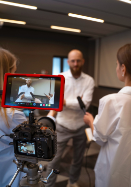 While wearing a research suit and holding a camera, an individual records footage for a production.