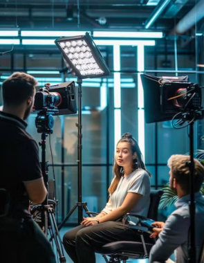 A man standing behind a woman seated in front of a camera, both of them facing the camera.