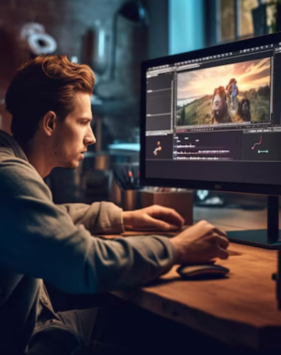 A man working on a computer screen with a photo, related to digital animation video production.